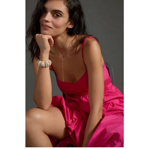 NEW By Anthropologie Barbie Pink V-Neck Tiered Pullover Bubble-Hem Dress Large - Picture 4 of 4